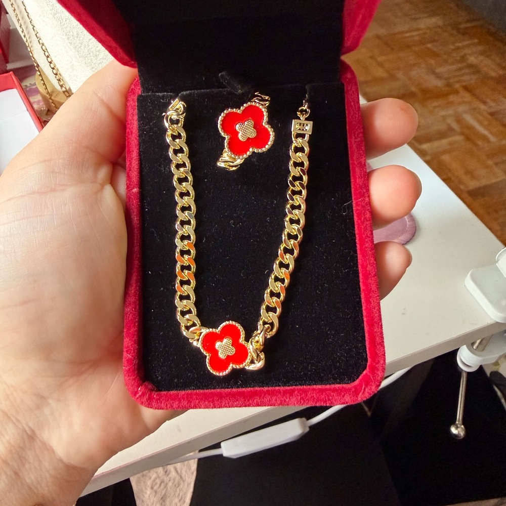 14k laminated Gold and Red Flower Jewelry Set